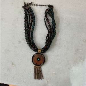 Chico's Southwestern Copper Medallion Necklace with Teal and Brown Beads Fringe